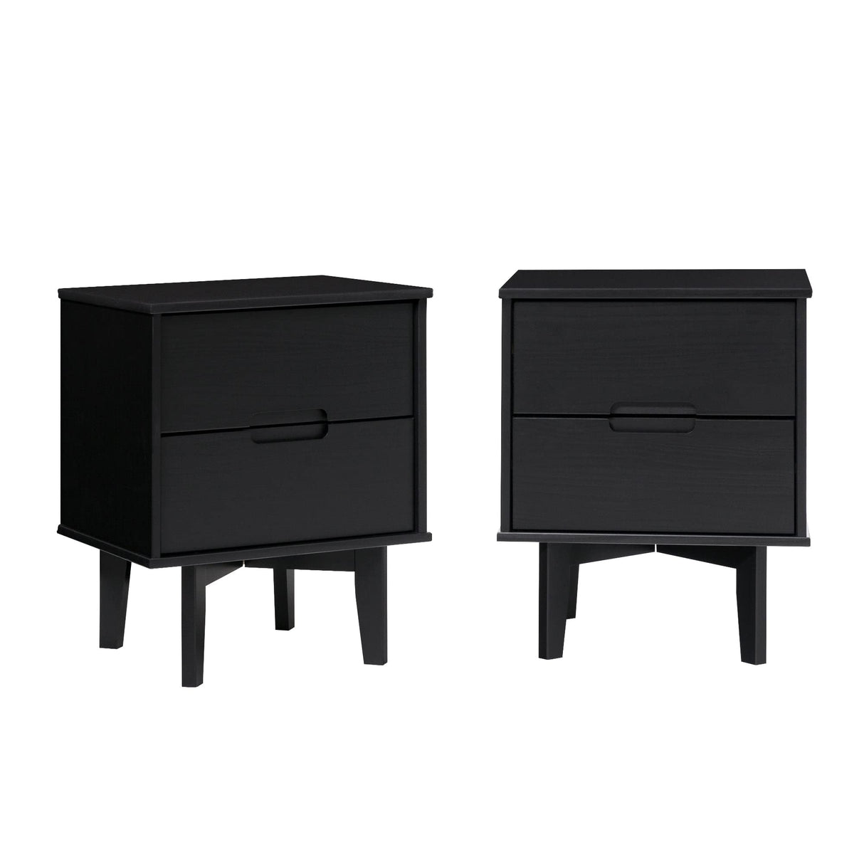 Walker Edison Mid Century Modern Grooved Handle Wood 2 Nightstand Side Bedroom Storage Drawer and Shelf Bedside End Table Set, Set of 2, Black Walker Edison