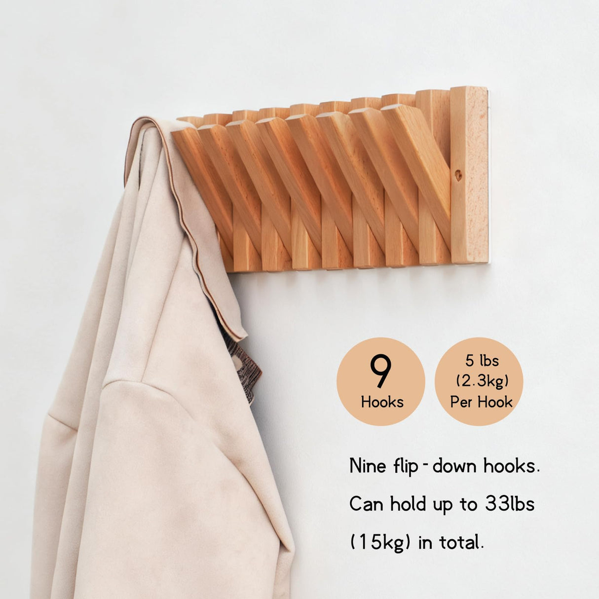 yaochuforest Coat & Hat Hooks Wall Mount with Key Holder, Wall Mounted Coat Rack with 9 Retractable Hangers, Solid Wood Slim Key Holder for Entryway, 17in Natural Finish yaochuforest