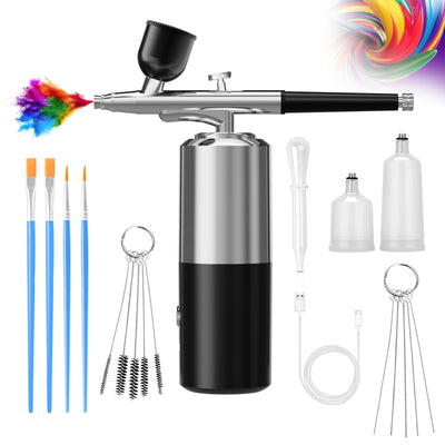 Airbrush Sets Air Brush Kit With Air Compressor Nail Paint Wireless Air Brush for Barber, Nail Art, Cake Decor, Makeup, Model Painting (Silver black)