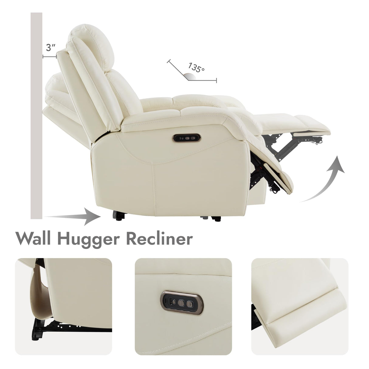 Watson & Whitely Genuine Leather Power Recliner Chairs for Adults, Wall Hugger RV Recliner with Power Headrest & Charging Ports, Electric Recliner Sofa Chair for Living Room, Cream Watson & Whitely