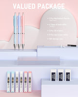 Nicpro 3PCS Pastel Mechanical Pencil Set with Case, 0.7 mm Pencils with 6 Tube HB Lead Refill, 3PCS Eraser, 9PCS Eraser Refill for School Supplies Student Writing, Drafting Drawing Sketching Nicpro