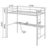 Karl home Twin Metal Loft Bed with Desk, with Power Outlet and LED Lighted, Safety Guardrail & Ladder, Space Saving, No Noise, No Box Spring Needed, White Karl home