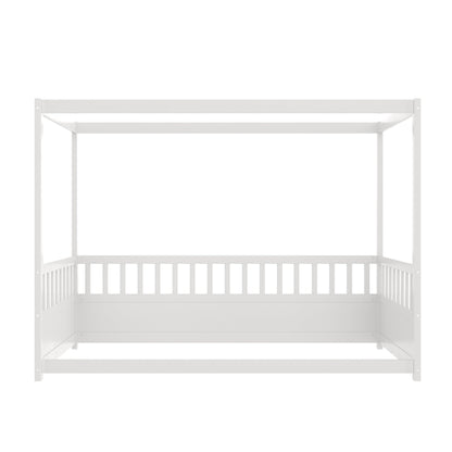 Twin Size Canopy Bed Frame with 4 Posters and Guardrails, Twin Size Montessori Floor Bed with High Fence, White Montessori Bed Twin Size