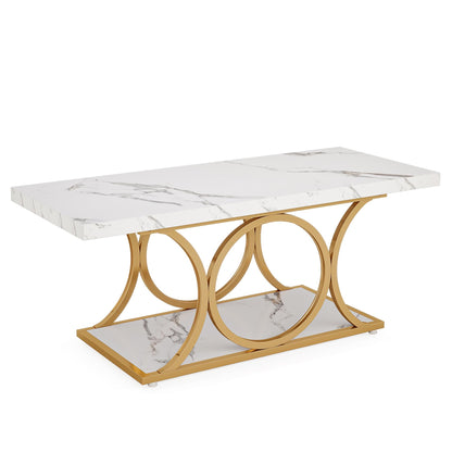 Tribesigns Rectangle Coffee Table, 47.24-inch Modern Coffee Tables for Living Room, 2-Tier Faux Marble Wood Coffee Table with Geometric Legs, Furniture with Storage Shelf (White & Gold) - WoodArtSupply