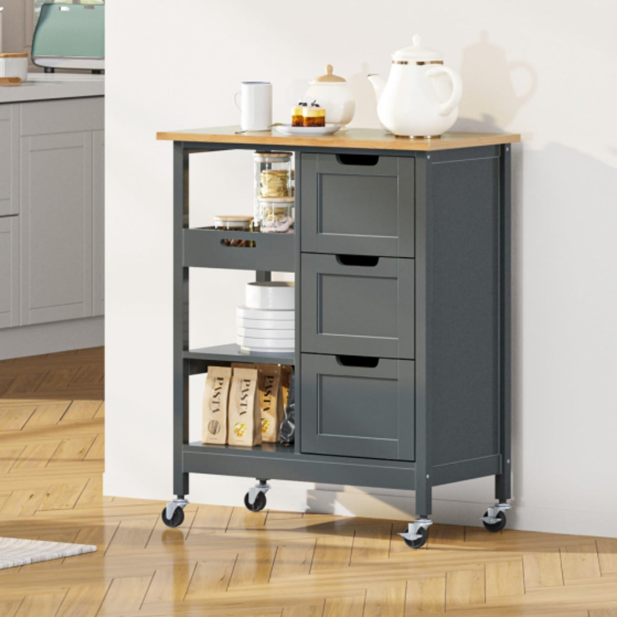 YITAHOME Small Solid Wood Top Kitchen Island Cart on Wheels with Storage, Rolling Portable Dining Room Serving Utility Carts Mobile Movable with 3 Drawers Cabinet, Gray YITAHOME