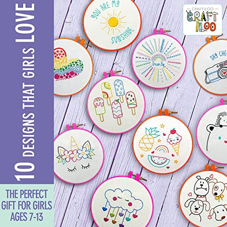 10 Pre-Stamped Embroidery Patterns for Beginners Embroidery Kit for Kids Girls Needlepoint Kits for Beginners Cross Stitch Craft Sewing Perfect for Ages 7-13 CRAFTILOO