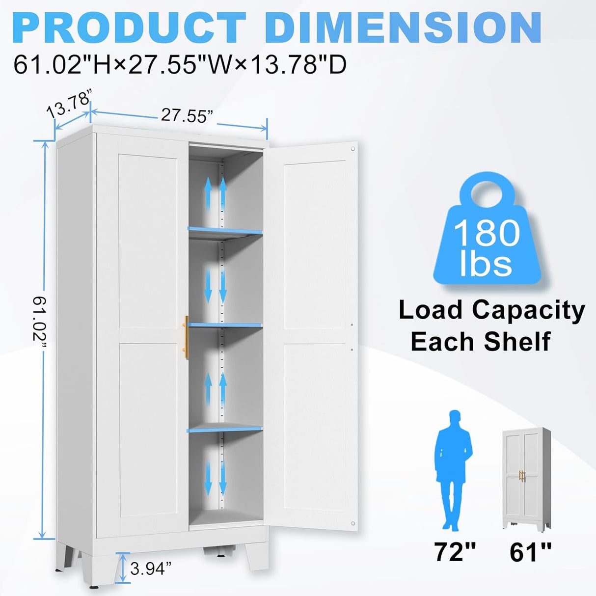 erosoei 61.02”H Pantry Storage Cabinet, Kitchen Storage Cabinets with Adjustable Feet and Shelves, Metal Pantry Cabinet for Kitchen, Living Room, Laundry Room and Dinning Room (2door-White) erosoei