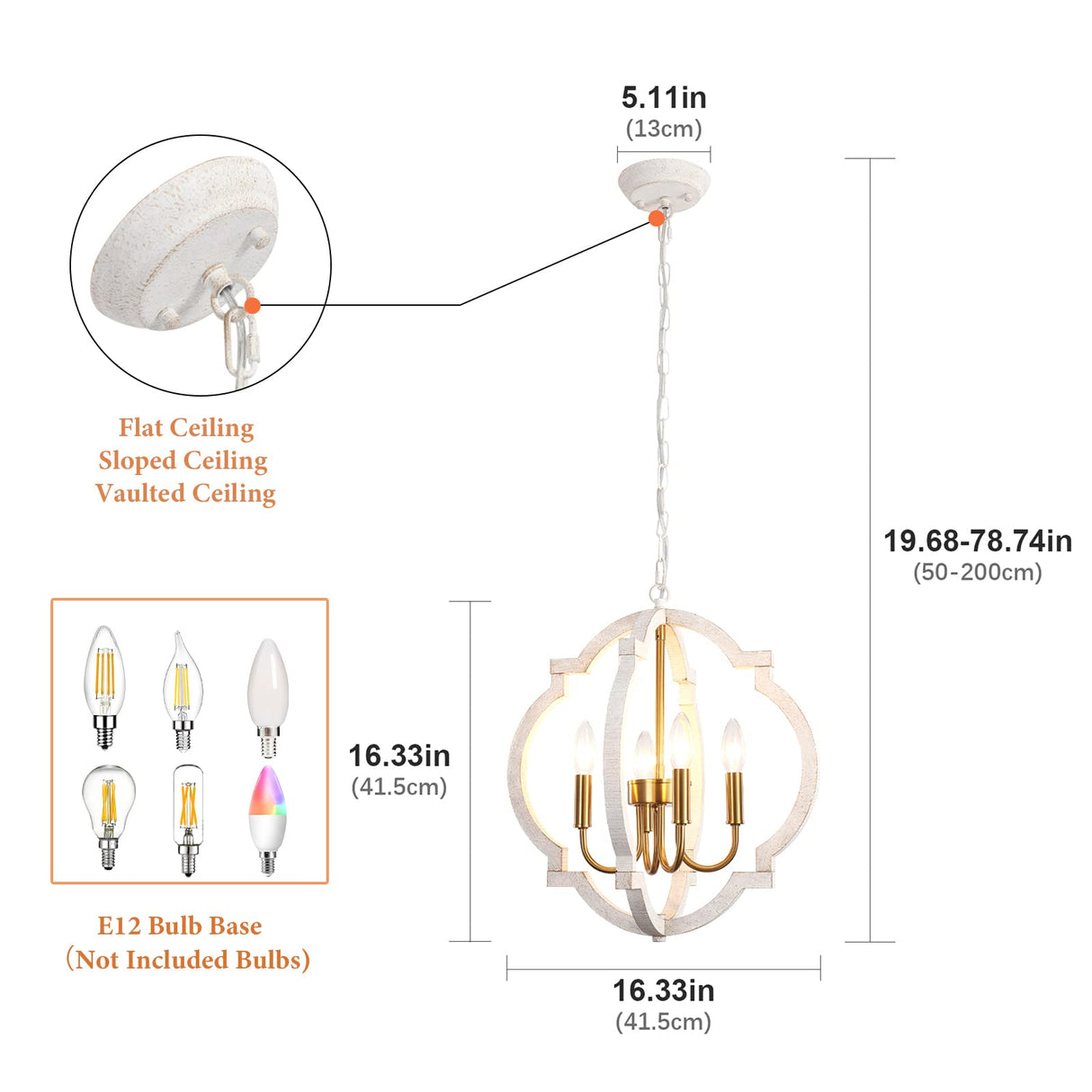 Rustic Farmhouse Chandelier 4 Light Vintage Gold and White Orb Wood Chandelier Hanging Light Fixtures Retro Flush Mount Ceiling Pendant Light for Dining Room Living Room Kitchen Entryway Hallway ASHUAQI