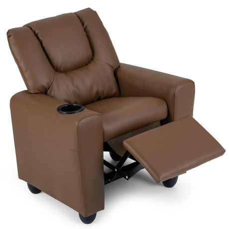 GLACER Kids Recliner with Cup Holder, PU Leather Toddler Lounge Chair w/Adjustable Backrest & Footrest, Spring-Loaded Seat Cushion, Push Back Toddler Sofa for Boys & Girls Ages 3+ Years Old (Brown) GLACER