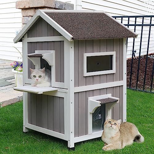 HiCaptain Outdoor Cat House for Feral Cats, Weatherproof Outside Cat Shelter Wooden 2 Story Large Kitty House with Escape Door - WoodArtSupply