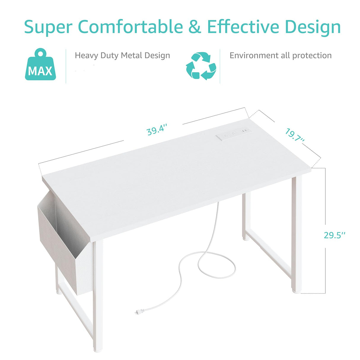 Lufeiya 39 inch White Computer Desk with Power Outlet, 40 inch Teen Study Table Home Office Work Writing Desks with Charging Station Outlets Built in, White Lufeiya