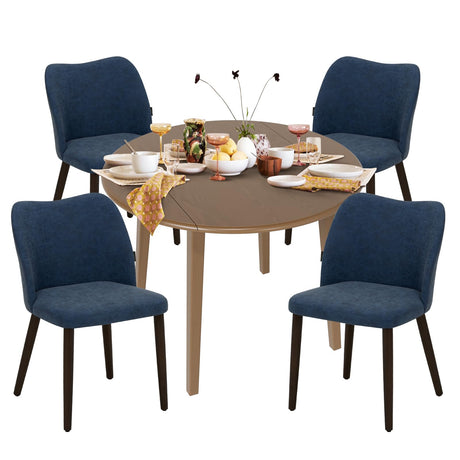 COLAMY 5-Piece Extendable Dining Table Set for 4, 36" Kitchen Round Wood Table with 4 Wooden Dining Room Chairs,Light Brown/Blue COLAMY