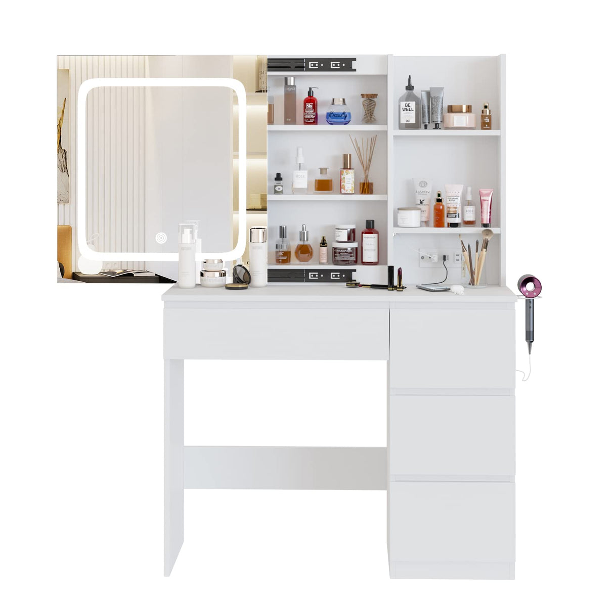 Vabches White Vanity Desk with Mirror and Lights, Makeup Vanity with Lights 4 Drawers, Vanity Table with Power Outlet & Sliding Door, 3 Lighting Colors, 37inch Vabches
