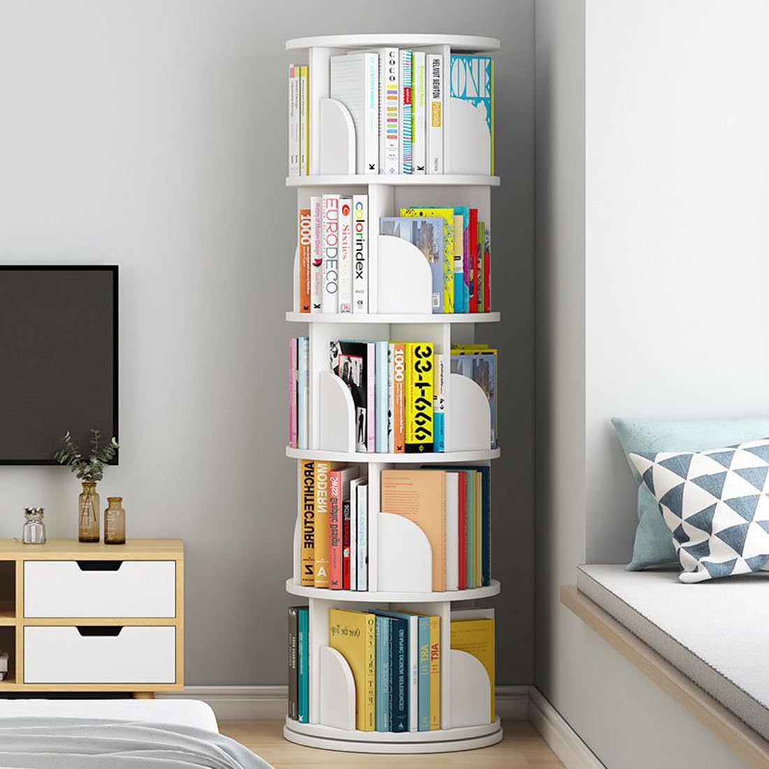 Modern 5-Tier Rotating Bookshelf - 360° Revolving Storage Rack for Home & Office - White - WoodArtSupply