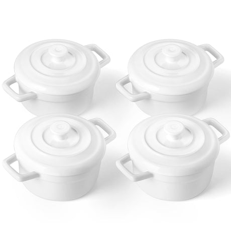 Lareina Mini Cocotte - 12oz Ceramic Casserole Dishes - Kitchen Casserole Sets With Handles And Lid - Small Baking Ramekins - Oven, Microwave & Dishwasher Safe - Set of 4 - White Lareina
