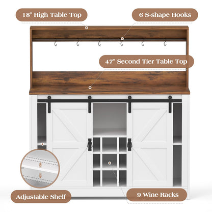 SYESWAY 47" Farmhouse Coffee Bar Cabinet with Sliding Barn Doors, Wine Rack & Hooks in White