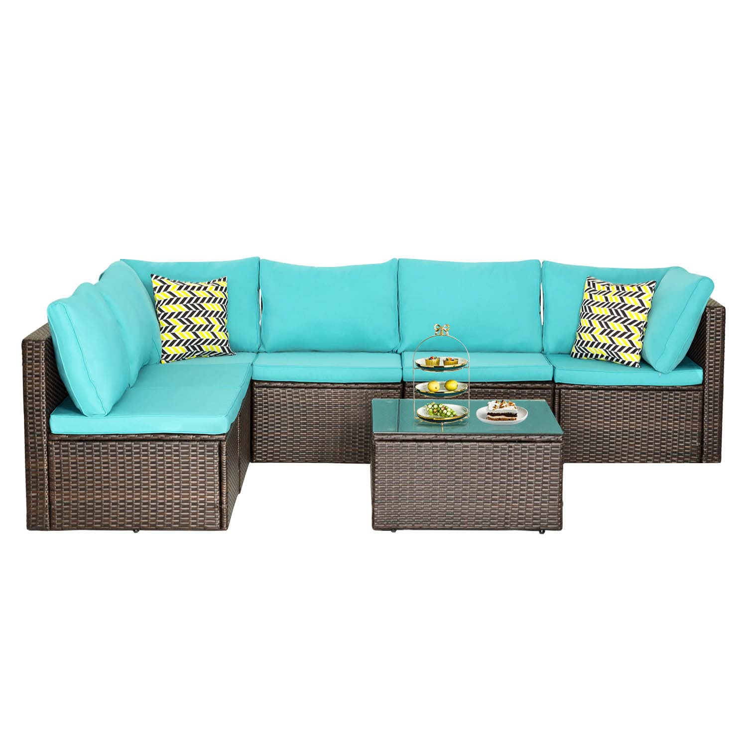 PayLessHere Patio Furniture Set 7 Pieces Outdoor Furniture Wicker Conversation Set Sectional Sofa and Coffee Table Wicker Patio Conversation Sets for Backyard Porch Balcony Poolside,Blue Cush - WoodArtSupply