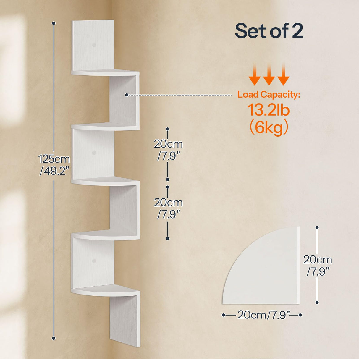 HOOBRO Corner Shelf Wall-Mounted, Set of 2 Floating Corner Shelves for Wall, 5-Tier Corner Bookshelves for Living Room, Bedroom, Bathroom, Home Office, White WT26BJP201 HOOBRO