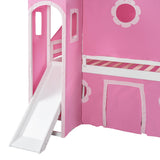 Polibi Twin Size Castle Loft Bed with Slide & Pink Tent and Tower, Playhouse Design Spacious Under Bed Space with Curtains, Wood Tent Bed Frame for Kids Boys Girls Polibi