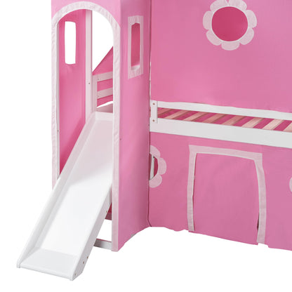 Polibi Twin Size Castle Loft Bed with Slide & Pink Tent and Tower, Playhouse Design Spacious Under Bed Space with Curtains, Wood Tent Bed Frame for Kids Boys Girls