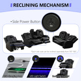 Anthato Black Leather Power Recliner Set with LED Lights, 3-Piece Recliner Sofa Loveseat Chair with Coffee Table/Storage/Charging Port, Modern Reclining Furniture for Living Room/Home Theater/Office Anthato