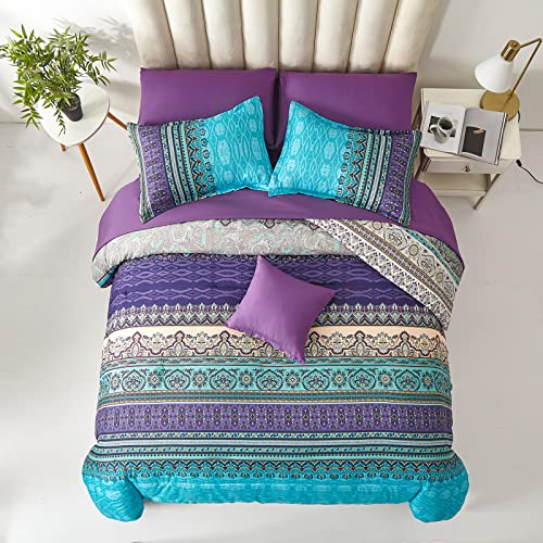 Cottolester Boho Comforter Set King Size 8 Piece Bed in a Bag Bohemian Striped Bedding Quilt Set Aqua Paisley Floral Comforter and Sheet Set,Soft Microfiber Complete Bedding Sets for All Season Cottolester