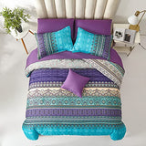 Cottolester Boho Comforter Set Full Size 8 Piece Bed in a Bag Bohemian Striped Bedding Quilt Set Aqua Paisley Floral Comforter and Sheet Set,Soft Microfiber Complete Bedding Sets for All Season Cottolester