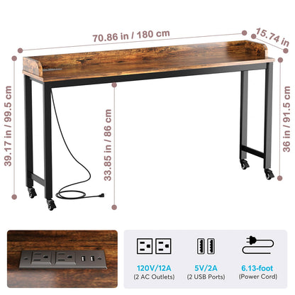 70.8" Standing Desk with Charging Station, Extra Long Desk on Wheels for Standing and Sitting, Sofa Table Behind Couch with Power Outlets and USB Ports, Easy Assembly, Walnut