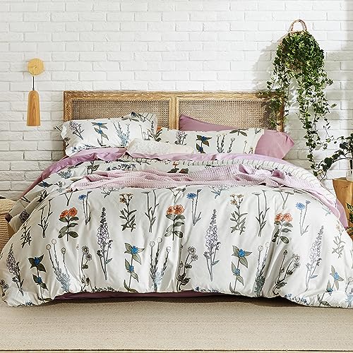 Bedsure Comforter Set King Size - Cute Floral Bedding Comforter Set, 3 Pieces, 1 Soft Reversible Coconut White Botanical Flowers Comforter and Pillow Shams Bedsure