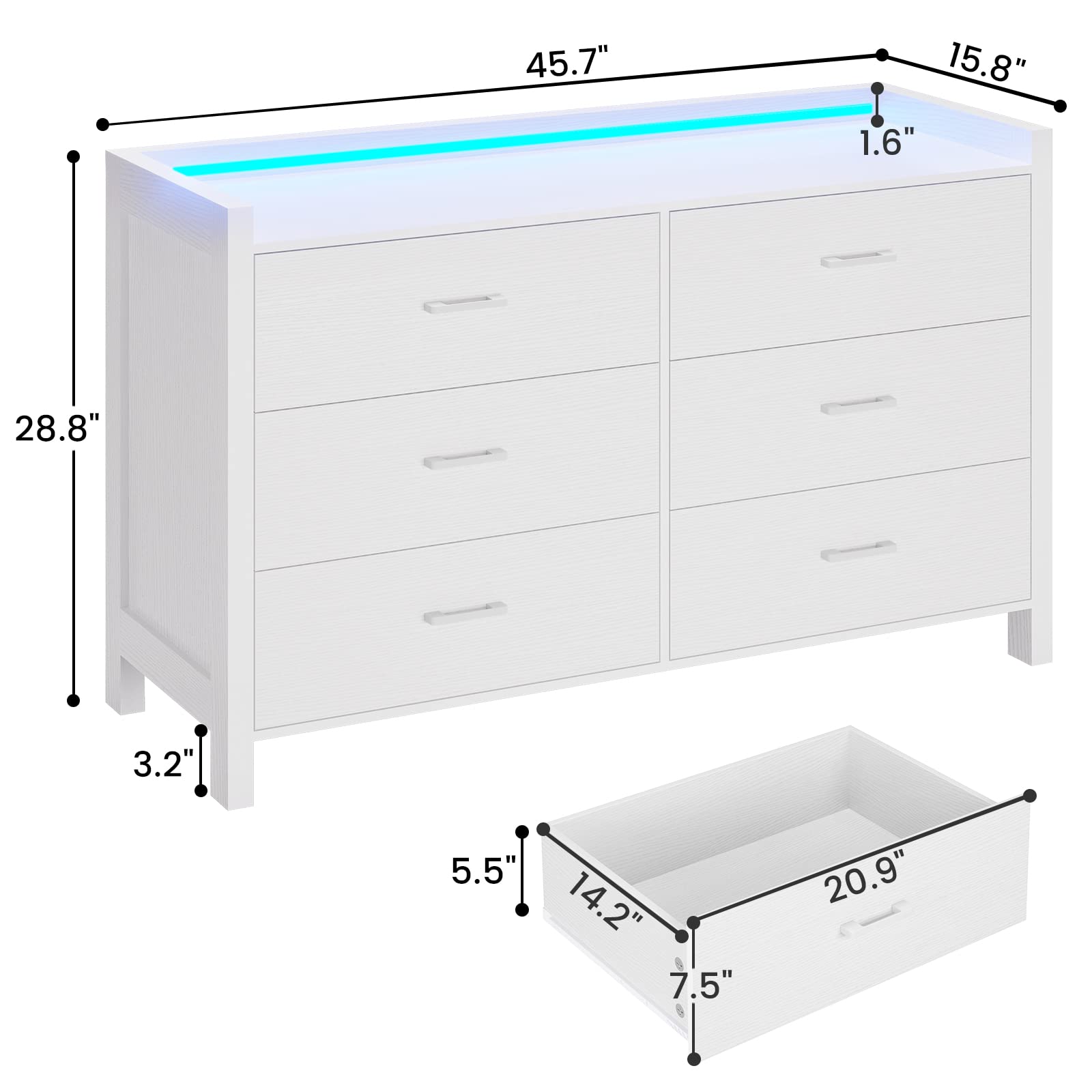 Hasuit White Dresser for Bedroom with LED Lights, Large Capacity Wooden Storage Cabinet, Chest of 6 Drawers, 6 Drawer Dresser for Hallway, Entryway - WoodArtSupply