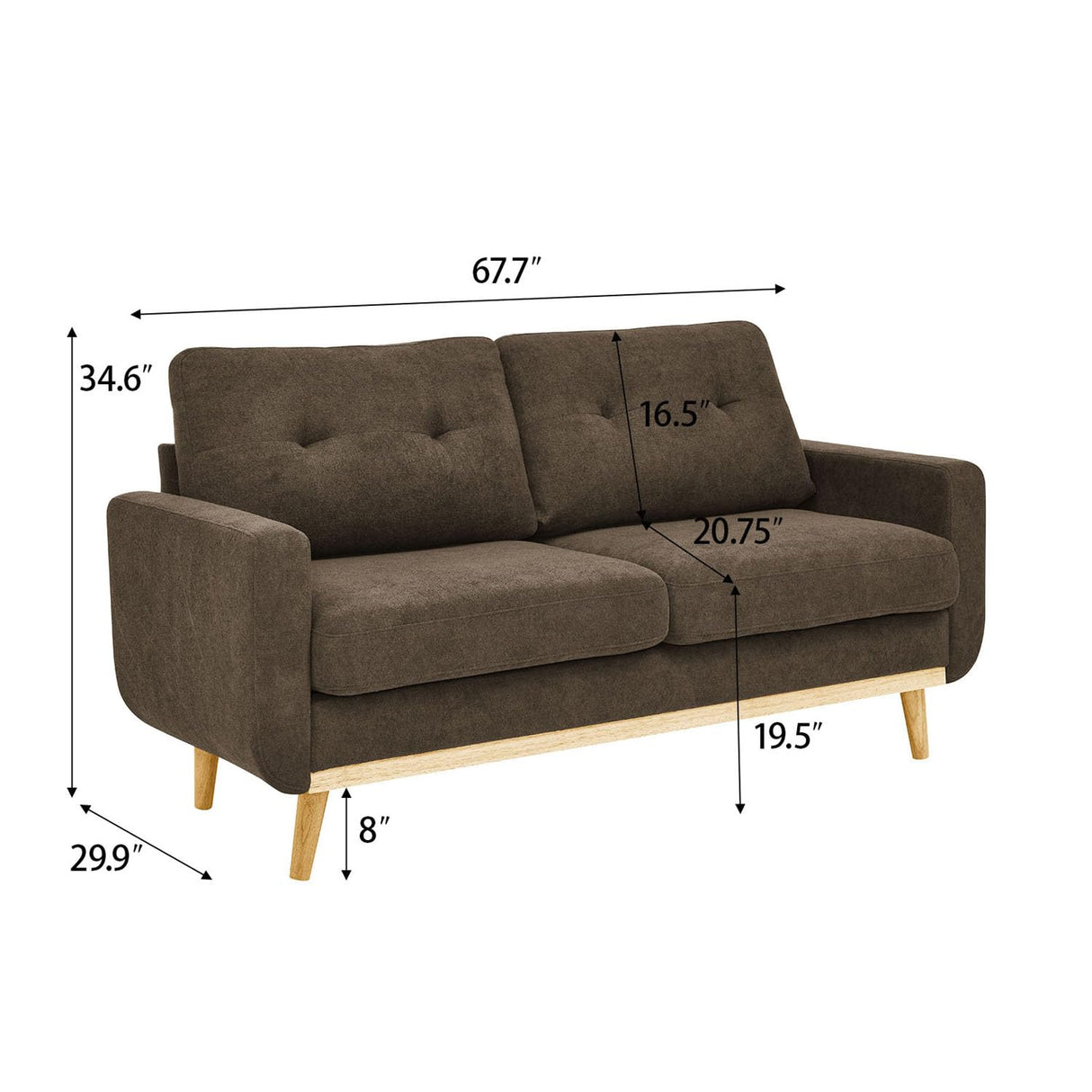 Japovker 67.7" Mid-Century Modern Loveseat Sofa, 2-Seat Mini Upholstered Love Seat Couch, Comfy Small Couch with Wooden Legs and Tufted Back for Living Room Bedroom Office Apartment(Brown) Japovker