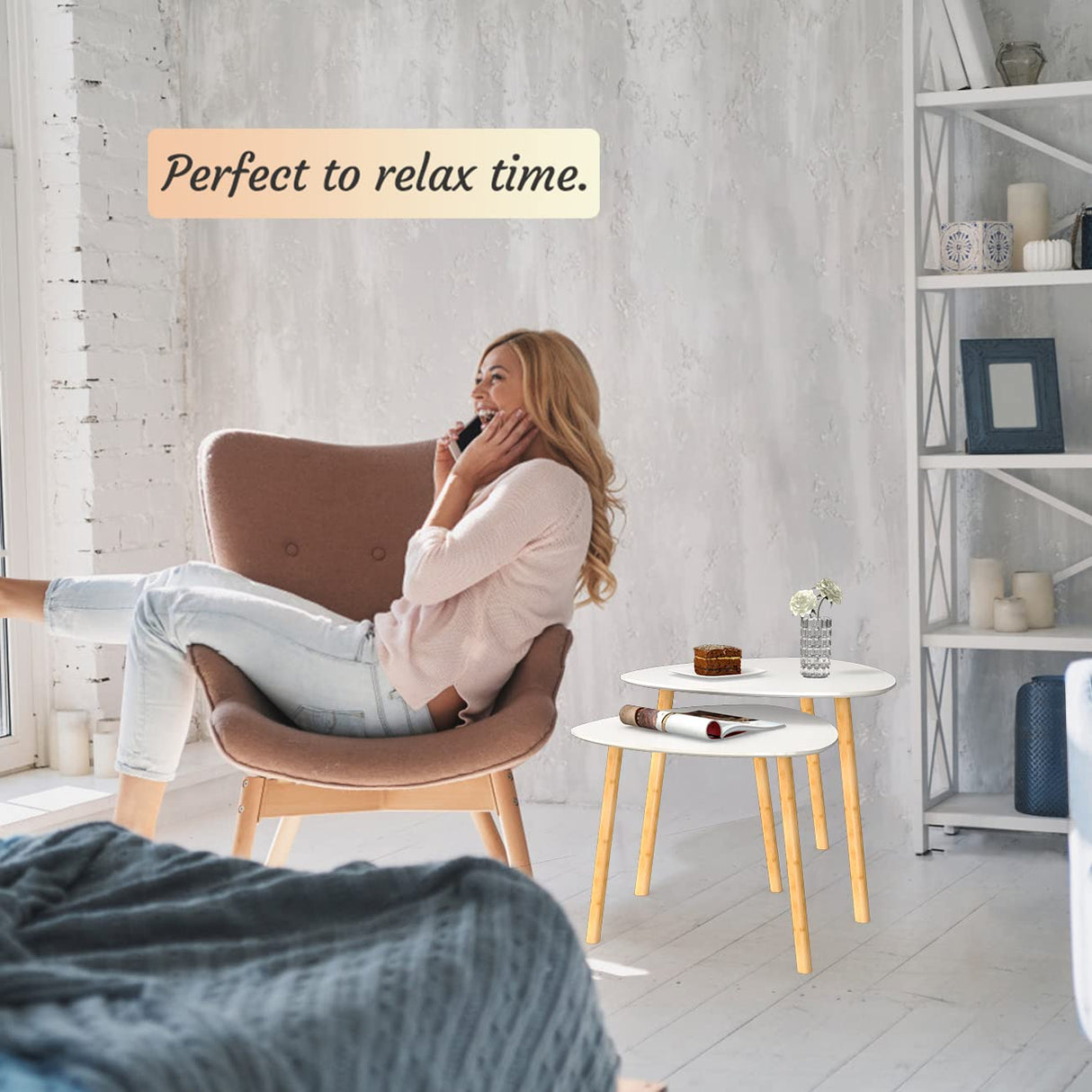 Bamboo White Nesting End Table - Side Tables Living Room Tables, Nesting Tables Set of 2 Small Coffee Table, Modern Minimalist Triangle Center Table for Sofa Bedside Bedroom Apartment Ofiice Bambloom