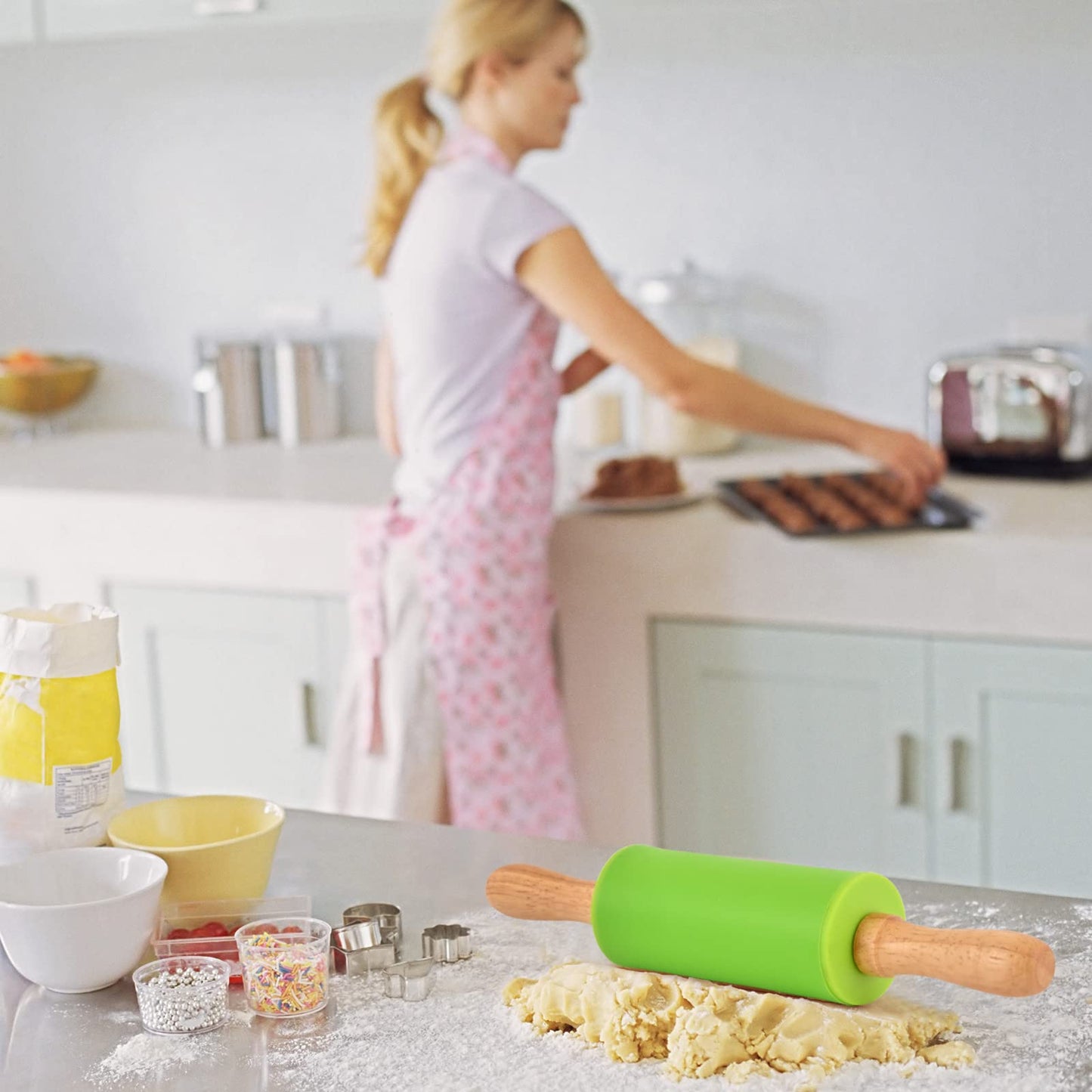 Honglida Mini Silicone Rolling Pin for Kids, Non-stick Surface Wood Handle, 9 Inches 2 Pack