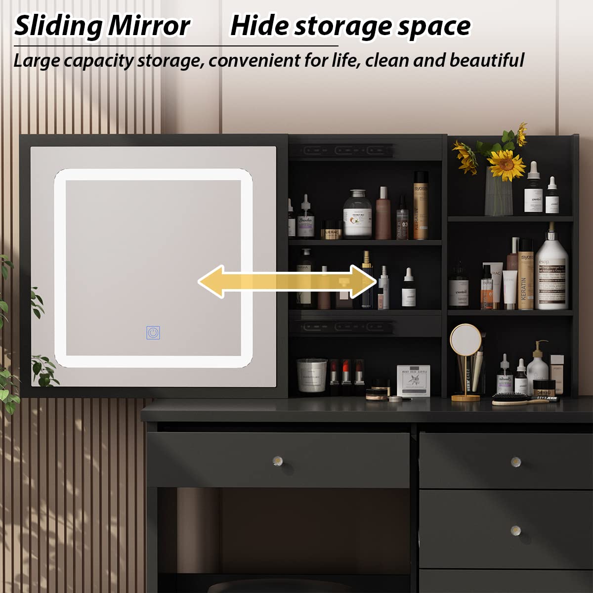 AIEGLE Vanity Desk Set with Lighted Sliding Mirror, 3 Colors LED, Makeup Drawer Dressing Table with Hidden Shelves & Cushioned Stool, Black AIEGLE