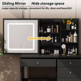 AIEGLE Vanity Desk Set with Lighted Sliding Mirror, 3 Colors LED, Makeup Drawer Dressing Table with Hidden Shelves & Cushioned Stool, Black AIEGLE