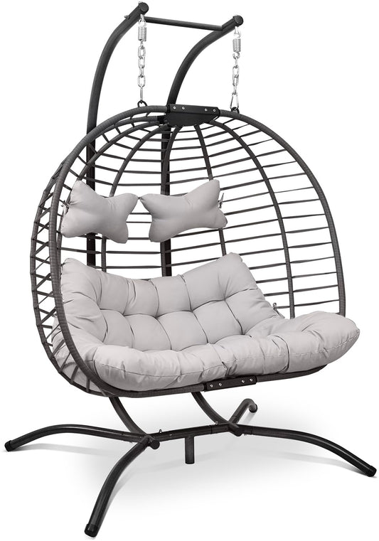 RADIATA 2 Person Wicker Swing Double Egg Chair Luxury Outdoor Patio Wicker Hanging Swing Egg Chairs with Water Resistant Cushions for Patio Backyard Balcony (Large, Gray)