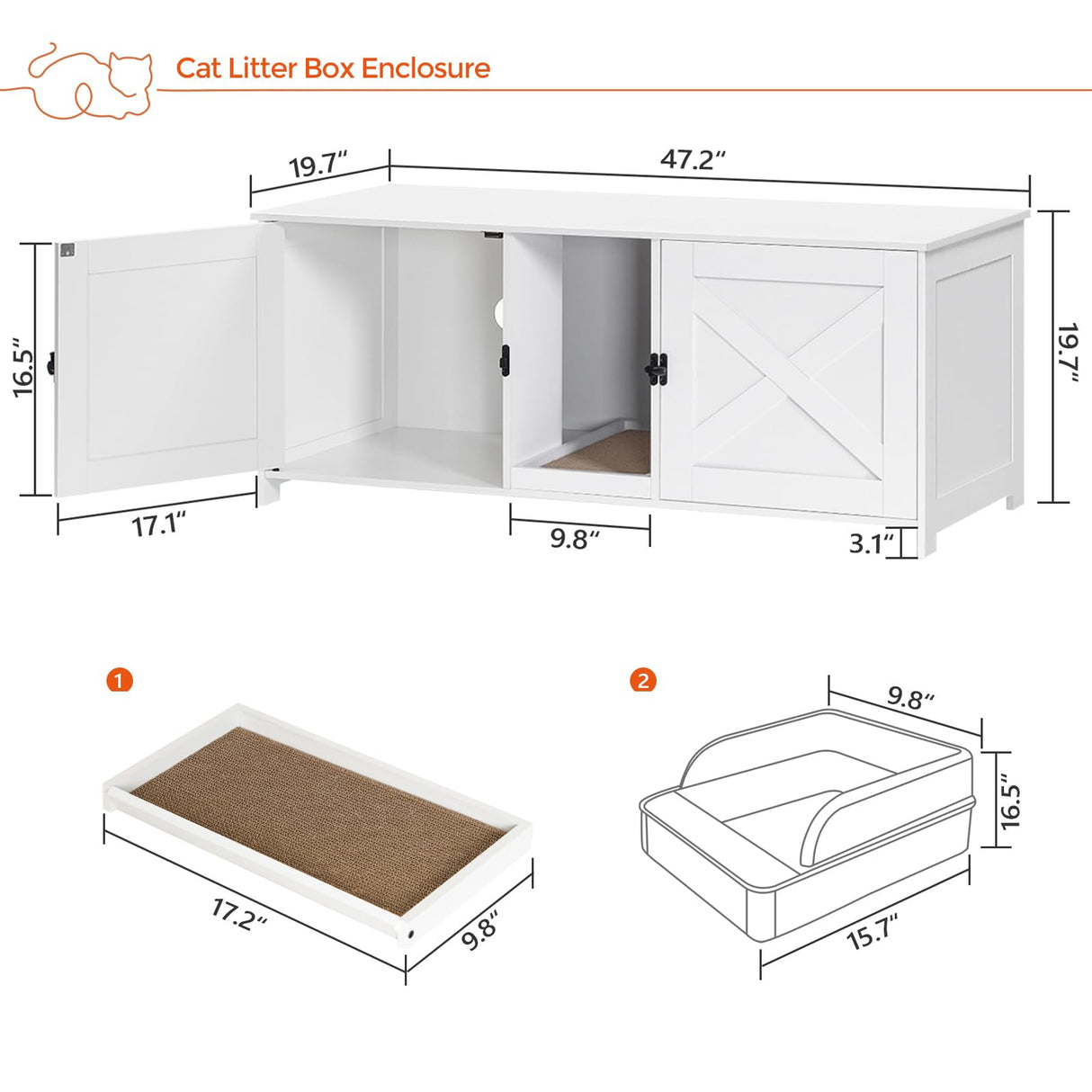 MAHANCRIS Cat Litter Box Enclosure for 2 Cats, 47.2" Hidden Cat Litter Box Furniture with Double Room, Wooden Cat Washroom with Scratching Board, Indoor Cat House End Table, White CWWT1201 MAHANCRIS