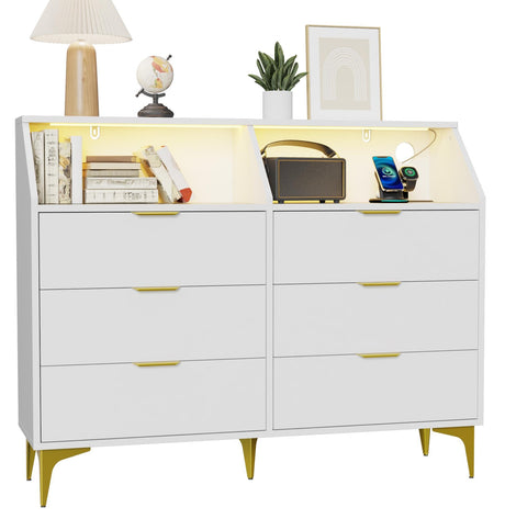 LOUVIXA 6 Drawer Dresser with LED Light, Chest of Drawers with Charging Station, Large Double Dressers, Wooden Dressers for Bedroom, Living Room, Entryway, Hallway (White) LOUVIXA