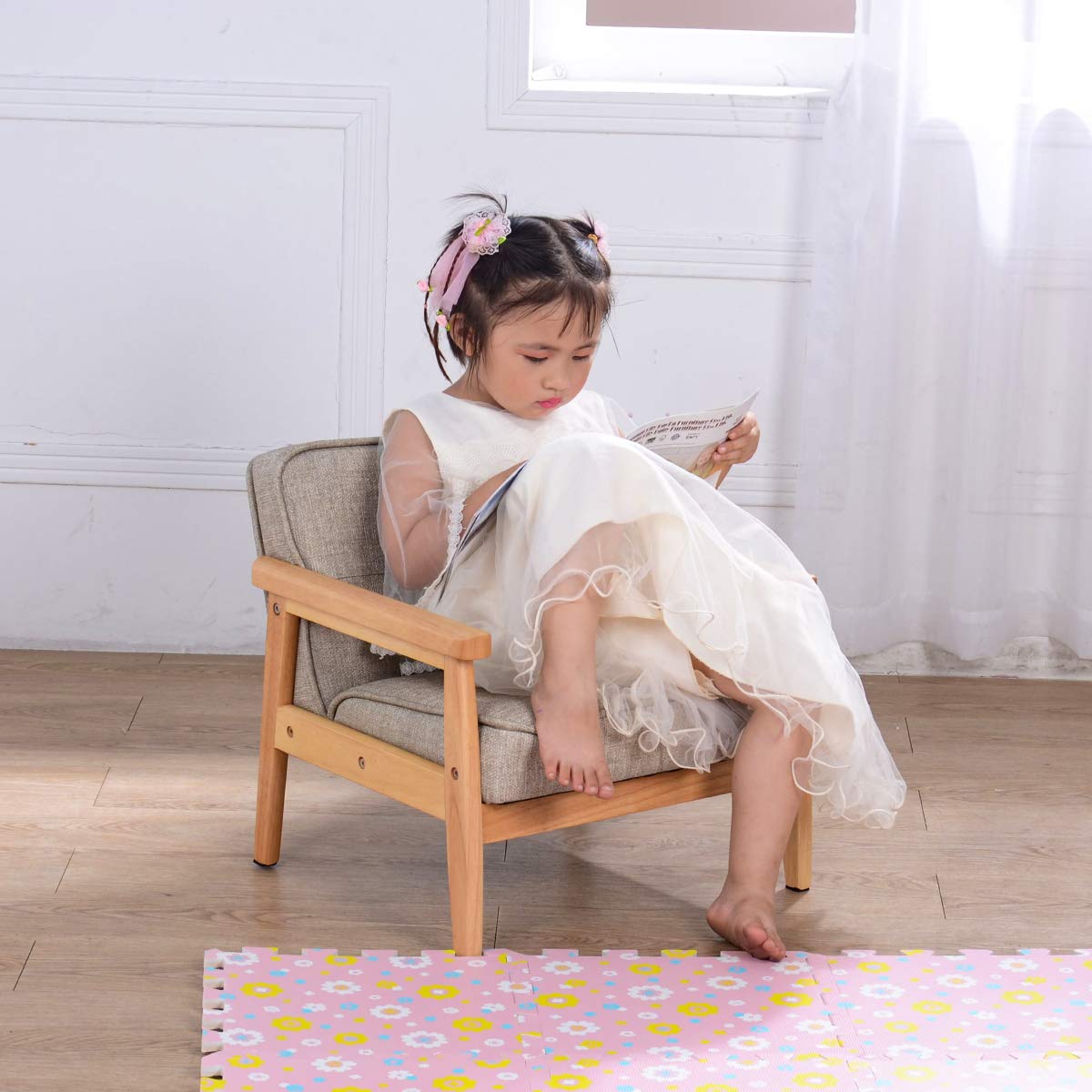 Kid Chair Sofa ,Upholstered Armrest Chair with Solid Wood Structure and Linen Fabric for Kids Gift ( Dark Grey,Light Grey) (Light Grey) BabyLand