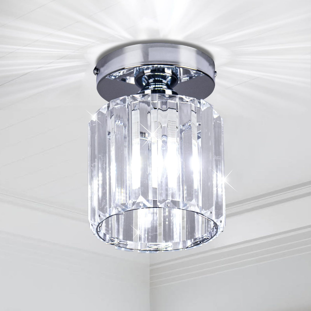 FRIXCHUR Small Chandelier Crystal Ceiling Light Semi Flush Mount Ceiling Lighting Fixture Modern Crystal Ceiling Light for Hallway Kitchen Island Dining Room Bedroom E26 Base Chrome FRIXCHUR