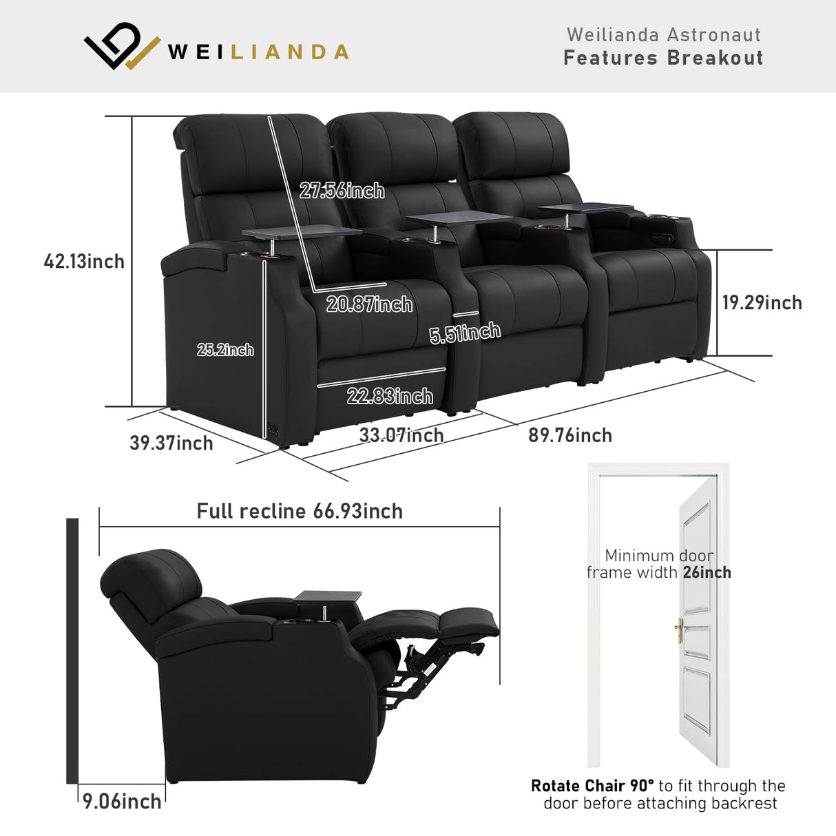 Weilianda Home Theater Seating, Top Grain Leather Sectional Seats Recliner Chair, Zero Gravity Reclining Sofa with Power Headrest 7 Colors Ambient Lighting USB C Charge Row of 3 Black Weilianda