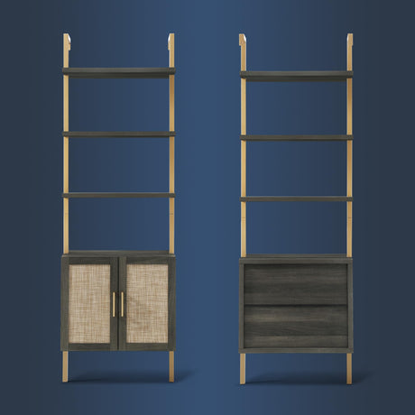 5 Tier Book Shelf Set of 2, 73" Tall Bookshelf with Storage, Modern Bookcase with Shelves, Wall Mount Ladder Shelf with Steel Frame, Bookshelves with Rattan Cabinet for Living Room (Midnight Oak) OAKHAM HOME