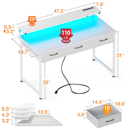 ODK 48 Inch Computer Desk with 3 Drawers and USB Power Outlets, Home Office Desks with LED Lights and Adjustable Monitor Stand, Work from Home, Modern Work/Writing/Study Table for Bedroom, Wh - WoodArtSupply