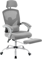 DUMOS Home Office Desk Chair with Footrest, High-Back Mesh Rolling Swivel Reclining Chairs with Wheels, Comfortable Headrest, Lumbar Support, Comfy Arms for Home, Office, Gaming, Student, Grey DUMOS
