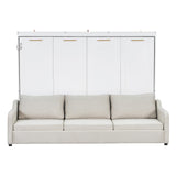 Queen Size Murphy Bed with Folding Sofa and LED Light, Horizontal Murphy Bed with Built-in Storage Shelves, Hidden Wall Bed Frame for Bedroom Office Guestroom, Beige RuiSiSi