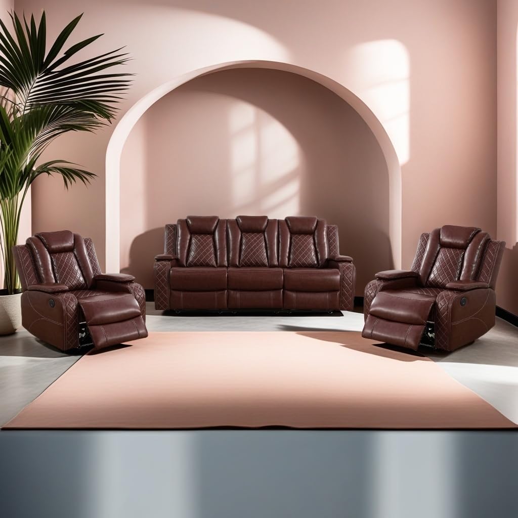 AYCP Furniture Power Recliner Set with LED Lights, Air Leather Reclining Set with USB Port/Wireless Charger/Storage Console/Cup Holder for House/HomeTheater/Apt (Burgundy, Sofa+2Chairs) AYCP Furniture