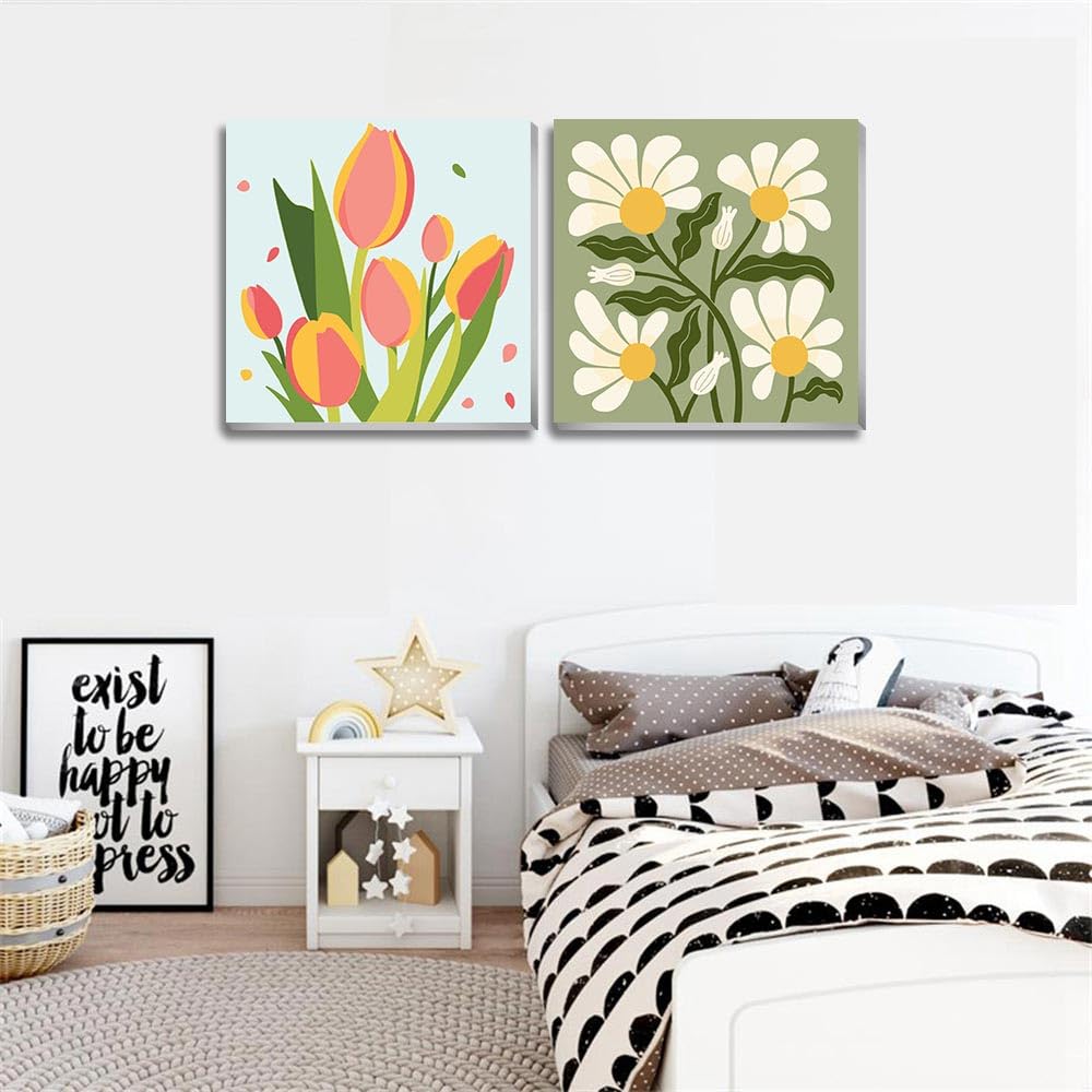 cupmod 2 Pack Framed Paint by Number for Kids,Easy Flower Painting Paint by Numbers Kits on Canvas,DIY Acrylic Oil Painting for Home Wall Decor(8x8inch) cupmod