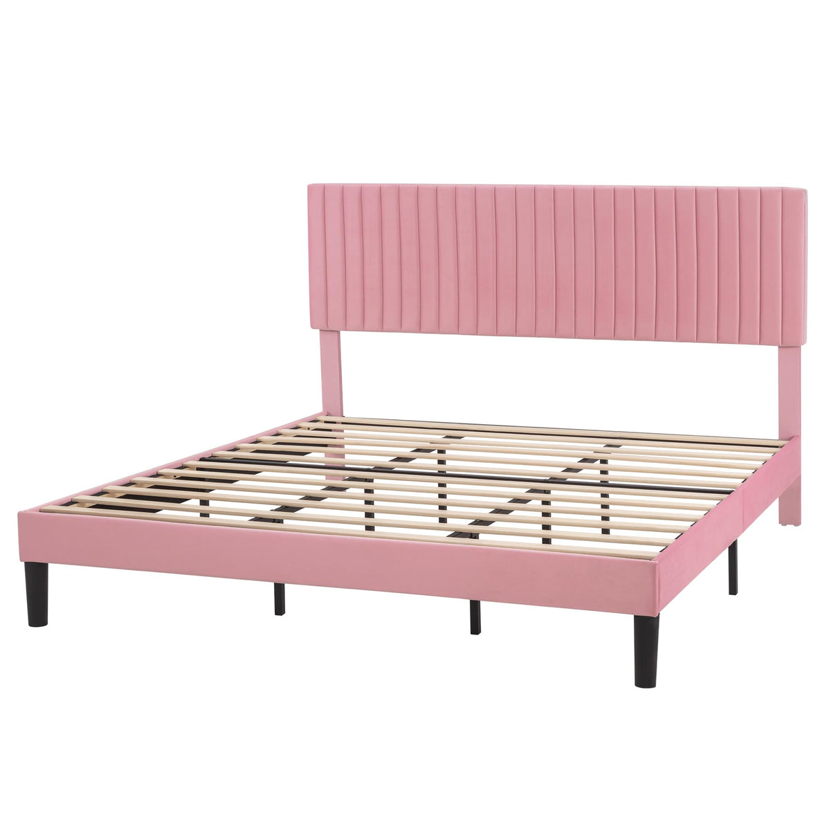 SHA CERLIN King Upholstered Platform Bed Frame with Adjustable Headboard/Vertical Channel Tufted Velvet Fabric/Wooden Slats Support/Mattress Foundation/Box Spring Optional/Pink SHA CERLIN