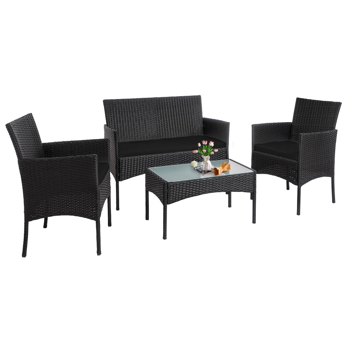 PROHIKER 4 Piece Outdoor Wicker Patio Conversation Furniture Set, Rattan Chair Wicker Sofa Garden Conversation Sets with Cushion and Glass Table for Yard Pool or Backyard, Black/Black PROHIKER