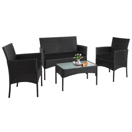 PROHIKER 4 Piece Outdoor Wicker Patio Conversation Furniture Set, Rattan Chair Wicker Sofa Garden Conversation Sets with Cushion and Glass Table for Yard Pool or Backyard, Black/Black PROHIKER